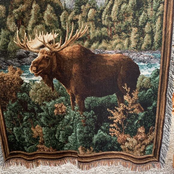Moose Woven Tapestry Blanket Woods River Rocks Fringed Throw 50 x 68 - Picture 7 of 10
